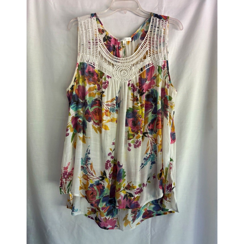 Spense Women's 1X Plus White/Multicolor Floral Sleeveless Crochet Lace Blouse